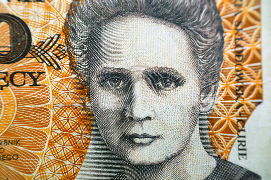 A portrait of Maria (Marie) Skłodowska Curie from the obverse side of 20000 twenty thousand old Polish Zlotych banknote currency year 1989, old Polish Zloty money, Poland, vintage retro