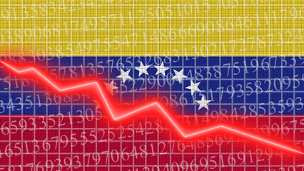 Venezuela flag and economic and finance growth progress chart report - red neon zigzag down line – 3D Illustrations