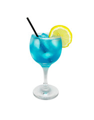 blue cocktail with ice and lime