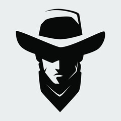 Cowboy outlaw portrait symbol on gray backdrop. Design element - obrazy, fototapety, plakaty