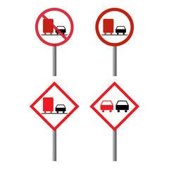 Set of No overtaking warning road, prohibition transportation icon, car forbidden information vector illustration