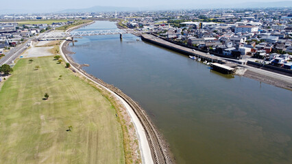 Obraz premium 筑後川と大川橋のドローン空撮