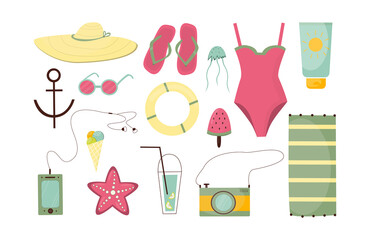 Beach stuff for summer travel set. Vacation accessories for sea holidays. Flat vector illustrations isolated on white background.