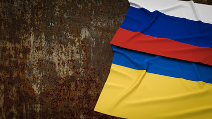 The  Ukraine and Russia flag on rusty surface for business or war concept 3d rendering