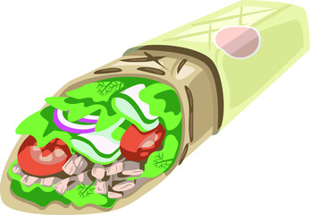 Shawarma in lavash, an isolated item, a ready-made product for advertising snack bars and restarans. sandwich with green salad, cucumber, tomato, dill and meat. Doner