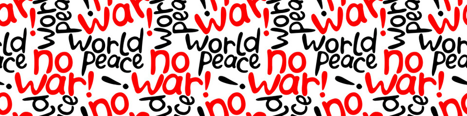 NO WAR, World peace - vector seamless pattern of inscription doodle handwritten. Anti-war background, texture - obrazy, fototapety, plakaty