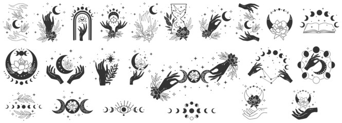 Mystical moon collection. Celestial clip art vector set - obrazy, fototapety, plakaty