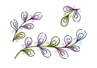 Set colorful leaves on white background. Provence Illustration. Felt pen Illustration