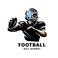American football player with ball, logo. Vector illustration.