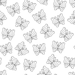 Uncolored bw Seamless Pattern of Contour Butterflies.