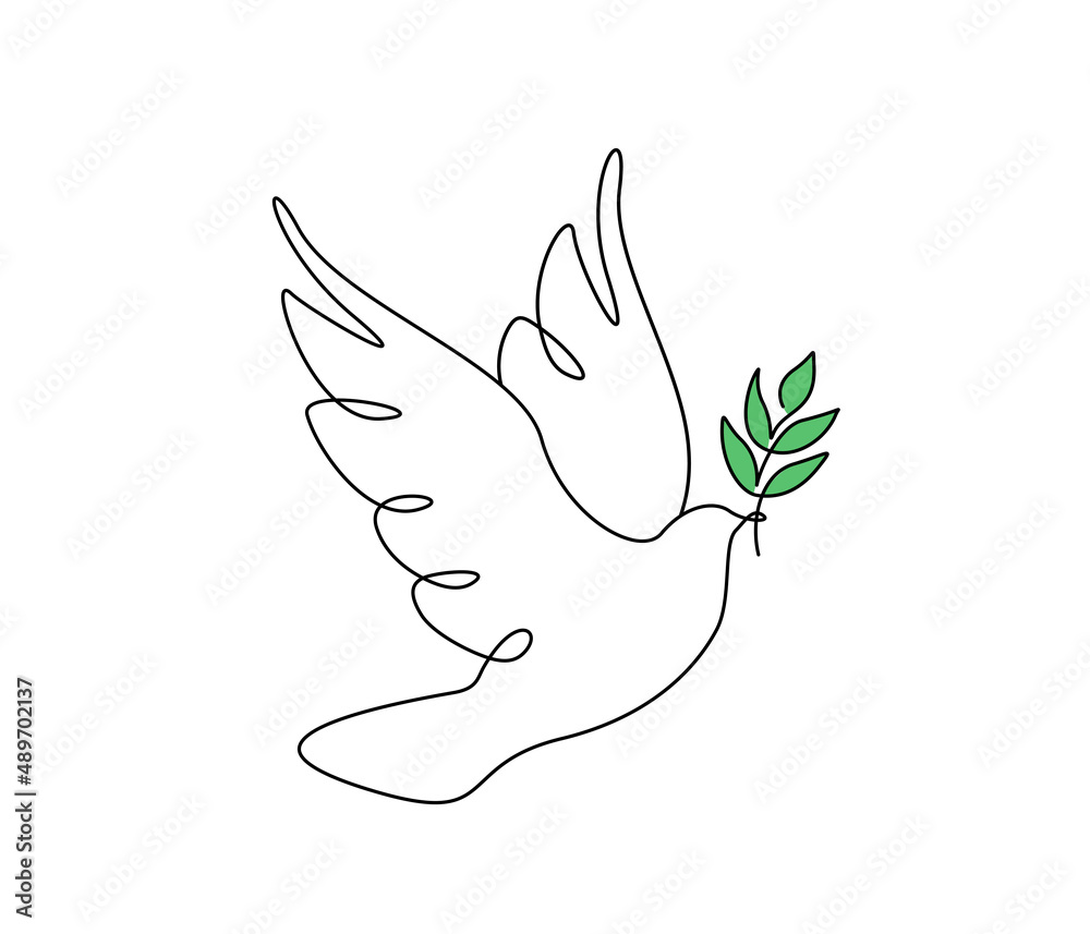 Wall mural One continuous line drawing of flying dove with green olive twig. Bird and branch symbol of love peace and freedom in simple linear style. Pigeon icon. Doodle vector illustration