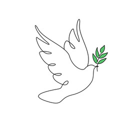 One continuous line drawing of flying dove with green olive twig. Bird and branch symbol of love peace and freedom in simple linear style. Pigeon icon. Doodle vector illustration