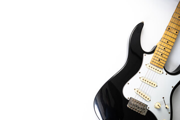Electric guitar body close up  in white background, overhead with copy space, musical banner...