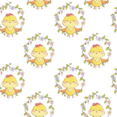 Seamless pattern Happy easter. Flat design endless texture with chicken and flowers. Pastel colors. Vector illustration.