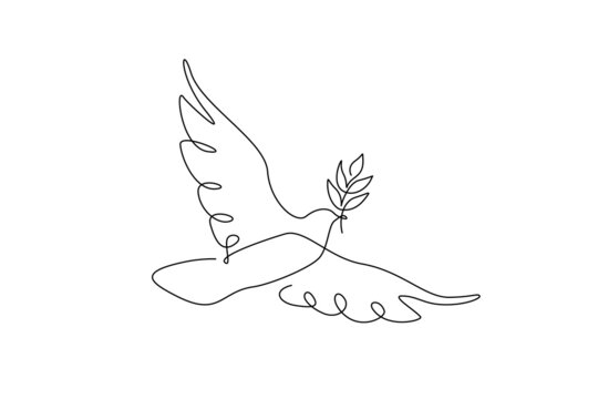 Peace dove with olive branch in One continuous line drawing. Bird and twig symbol of peace and freedom in simple linear style. Pigeon icon. Doodle vector illustration