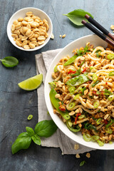 Pork, peanut udon noodles with pak choi, mangetout and red chili. Asian food