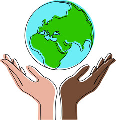 The hands of different races hold the planet. An illustration calling for peace on Earth and in the world. Different nationalities for world peace. saving the ecology of the earth. Vector illustrate. 