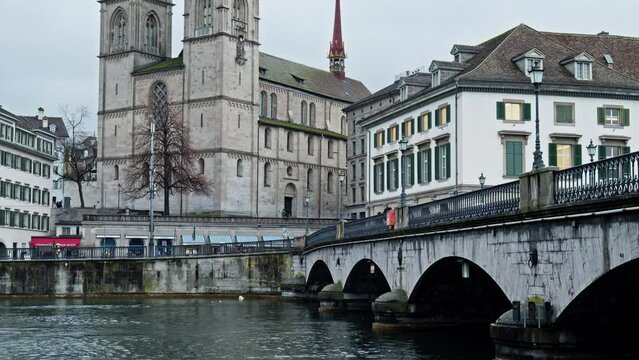 Grossm&uuml;nster Iconic twin-towered Romanesque cathedral, Zurich, Switzerland. Protestant church where 1500s religious reformer Huldrych Zwingli preached.