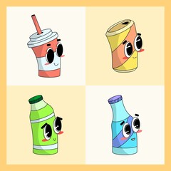 a collection of happy cute drink packaging mascots. cans, plastic, glass bottles, straws, boba. illustration anime eyes. EPS