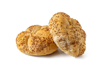 Kaiser buns sprinkled with sesame seeds, on white