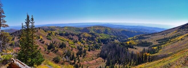 Views from hiking trail of Mount Nebo Wilderness Peak 11,933 feet, fall leaves panoramic, highest in the Wasatch Range of Utah, Uinta National Forest, United States. USA.
