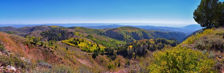 Fototapeta premium Views from hiking trail of Mount Nebo Wilderness Peak 11,933 feet, fall leaves panoramic, highest in the Wasatch Range of Utah, Uinta National Forest, United States. USA. 