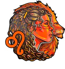 Illustration of the zodiac sign "Leo" in the form of a girl with beautiful hair and a gorgeous lion in orange tones on a white background.