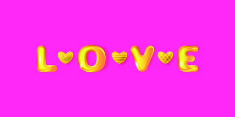 3D golden text Love and golden hearts. Festive border for Valentine's day, Wedding, Mother's Day greeting card