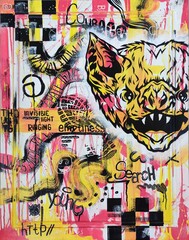 A picture of a vandalism painted in bright yellow and pink colors with a bat head.