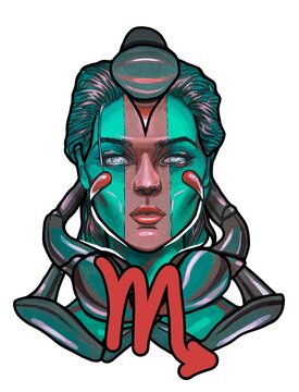 Illustration of the zodiac sign "Scorpio" in the form of a militant girl with green skin with a red stripe and a sting of a scorpion.