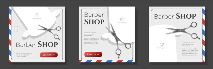 Barbershop scissors social media post, banner set, classic vintage barber shop advertisement concept, hairdresser salon marketing square ad, abstract print, isolated on background
