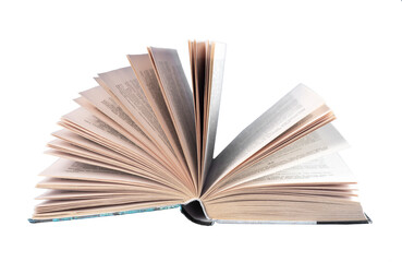 Open book isolated on white background. Turning pages. Education, reading hobby, broadening horizons concept. High quality photo