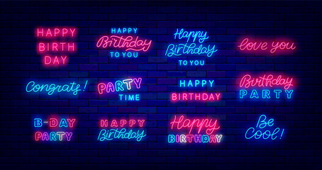 Happy Birthday neon lettering collection. Shiny calligraphy greeeting card. Luminous quote pack. Vector illustration