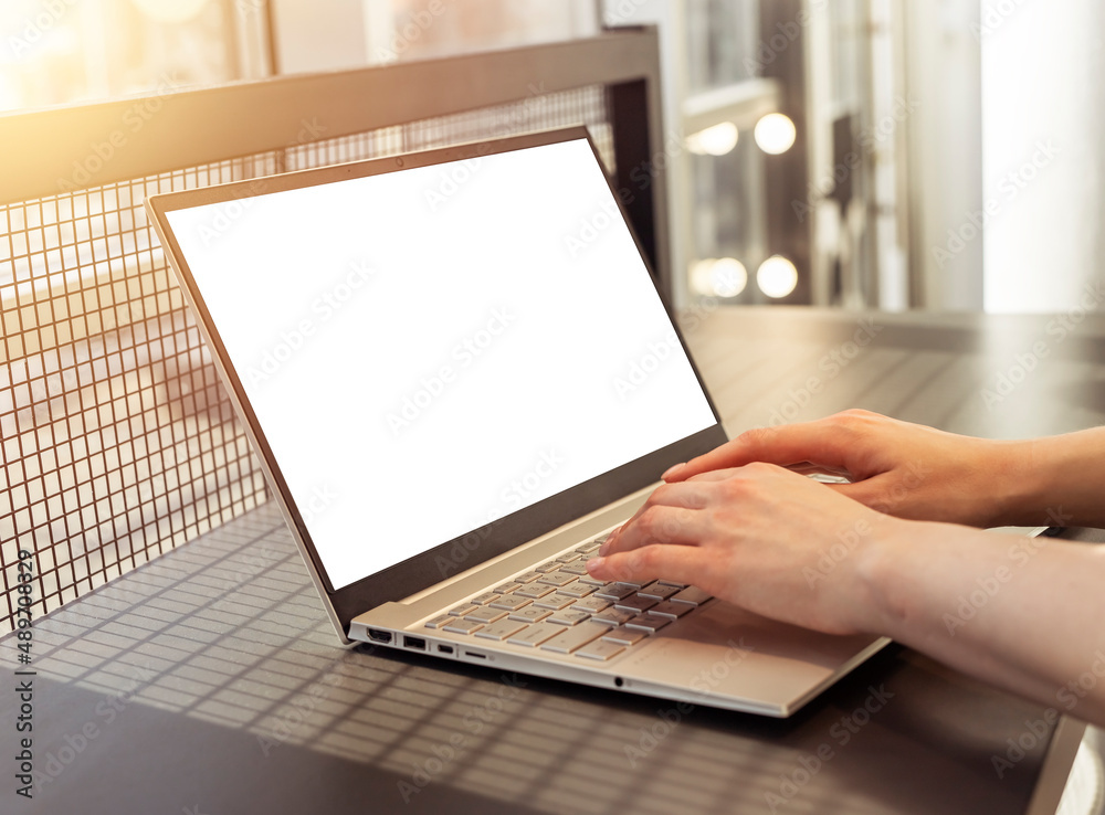 Poster woman hands closeup typing on laptop mockup. hands over computer keyboard. student or worker sitting