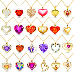 illustration set of pendants pendant with precious stones in the form of heart