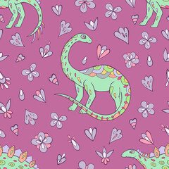 Seamless vector pattern with sketch of dinosaurs and abstract floral. Decoration print for wrapping, wallpaper, fabric. Seamless vector texture. 