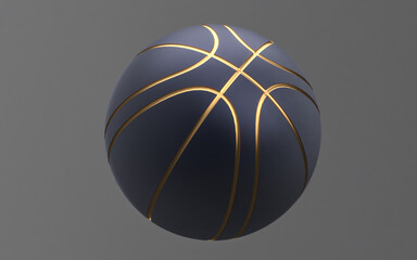 Flat golden Basketball 3D rendering. Sport ball 3D rendering, mono colored background. Basketball with gold parts  3d Illustration isolated on dark background.