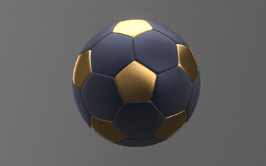 Flat Soccer ball 3D rendering. Sport  golden soccer ball 3D rendering, mono colored background. Soccer ball with gold parts  3d Illustration isolated on dark background. - obrazy, fototapety, plakaty