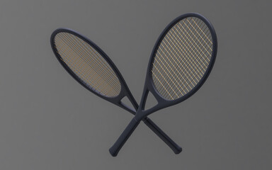 Flat Tennis rackets 3D rendering. 3D rendering, mono colored background. Tennis racket with gold parts  3d Illustration isolated on dark background.