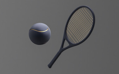 Flat golden Tennis ball with racket 3D rendering. Sport ball 3D rendering, mono colored background. Soccer ball with gold parts  3d Illustration isolated on dark background.