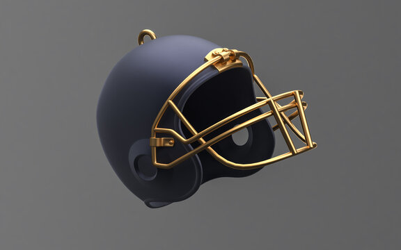 Flat golden American football helmet 3D rendering.  3D rendering, mono colored background. Helmet  with gold parts  3d Illustration isolated on dark background.