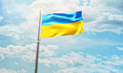 Ukraine flag 3D illustration. Ukraine Flags Waving 3D Rendering High Quality Image. illustration of flag of Ukraine waving in wind. Ukrainian flag blowing in wind. Blue Yellow flag background of sky