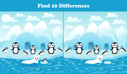 Find ten differences printable worksheet with arctic penguinsand puffins and north pole landscape for kids