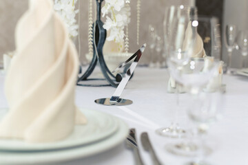 Guest table number. Wedding table in the restaurant.