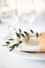 Close-up of a plate with a napkin and a sprig of pistachio tree on a festive table.