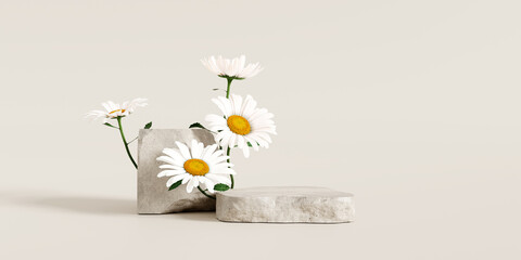 Stone podium, Cosmetic display stand with daisy blossom flowers on brown background. 3D rendering 
