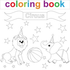 Lion and baby elephant in the circus. Coloring book page template for children.