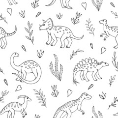 Seamless vector pattern with sketch of dinosaurs and abstract floral. Decoration print for wrapping, wallpaper, fabric. Seamless vector texture. 