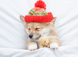 Cute Welsh Corgi puppy wearing warm yellow hat with pompon sleeps under warm blanket on a bed at home. Top down view