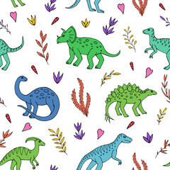 Seamless vector pattern with sketch of dinosaurs and abstract floral. Decoration print for wrapping, wallpaper, fabric. Seamless vector texture. 